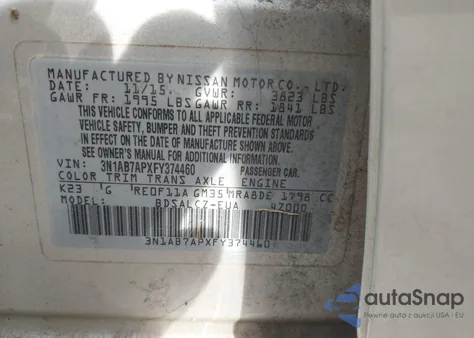 2015 Nissan Sentra S z USA, uszkodzony, nr VIN 3N1AB7APXFY374460